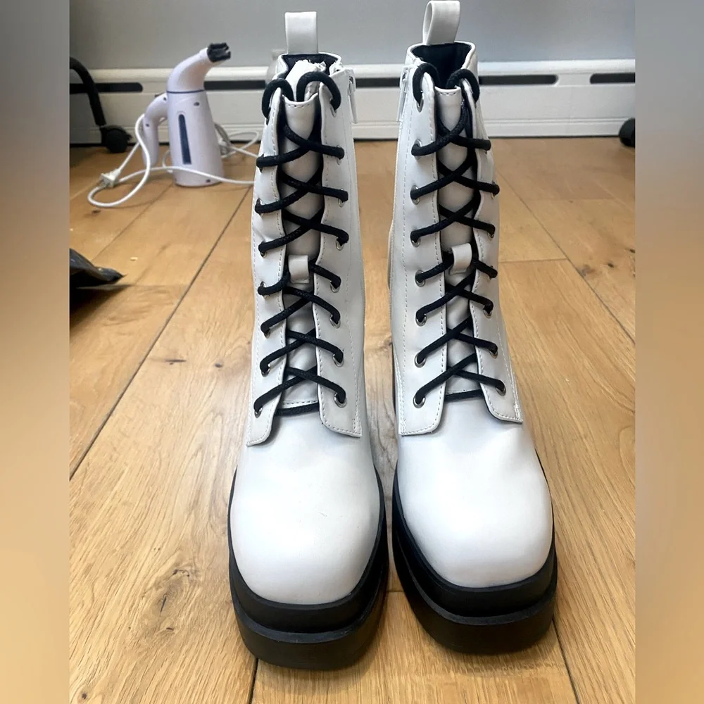 Steve Madden Black and White Platform Block Heel Combat Boots - Picture 3 of 9